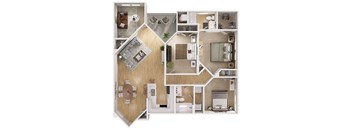 A floor plan of a house with a kitchen, living room, bedrooms, and bathrooms.