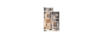 A top-down view of a small apartment with a kitchen, living room, and bathroom.