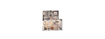 A floor plan of a small apartment with a kitchen, living room, and two bedrooms.