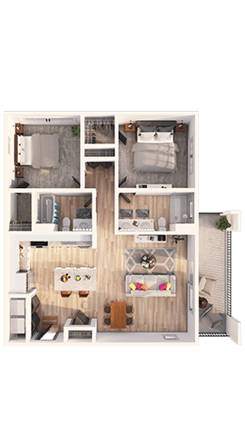 A floor plan of a small apartment with a kitchen, living room, and two bedrooms.