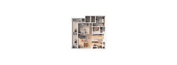 A 3D floor plan of a house with a kitchen, living room, and two bedrooms.