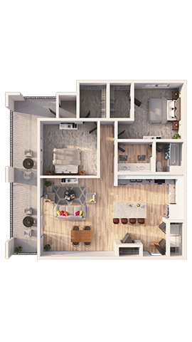 A 3D floor plan of a house with a kitchen, living room, and two bedrooms.