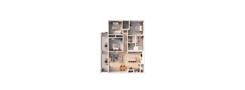 A 3D rendered image of a house layout.