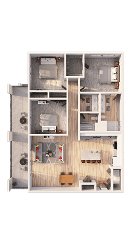 A 3D rendered image of a house layout.