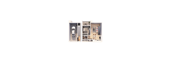 A dollhouse with a car parked in the driveway.