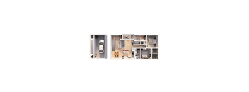 A dollhouse with a car and a bedroom are shown.