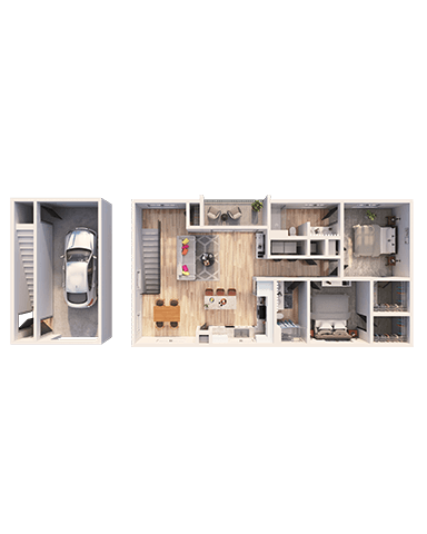 A dollhouse with a car and a bedroom are shown.