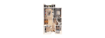 A detailed 3D floor plan of a house layout.