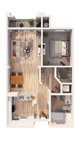 A detailed 3D floor plan of a house layout.