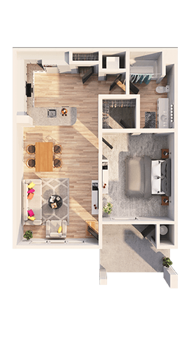 A top-down view of a house interior with a kitchen, living room, and bathroom.