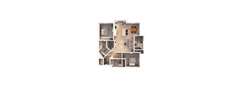 A floor plan of a house with a kitchen, living room, and two bedrooms.