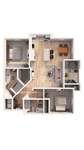 A floor plan of a house with a kitchen, living room, and two bedrooms.
