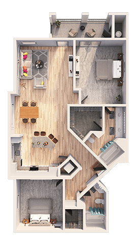 A detailed 3D floor plan of a small apartment with a kitchen, living room, and bedroom.