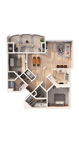A top-down view of a house layout with a kitchen, living room, and two bedrooms.