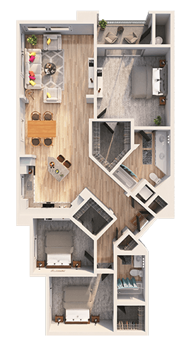 A detailed 3D floor plan of a small apartment.
