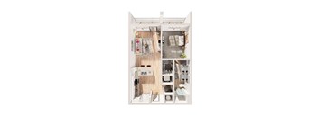 A dollhouse with a kitchen, living room, and bathroom.