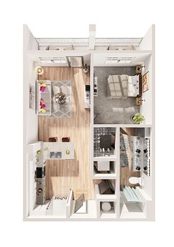 A dollhouse with a kitchen, living room, and bathroom.