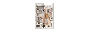 A floor plan of a small apartment with a kitchen, living room, and bathroom.