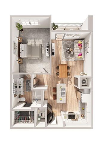 A floor plan of a small apartment with a kitchen, living room, and bathroom.