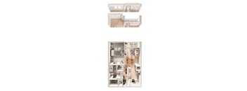 A floor plan of a two-bedroom apartment with a kitchen and living room.