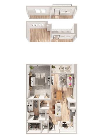 A floor plan of a two-bedroom apartment with a kitchen and living room.