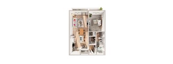 A dollhouse with a kitchen, living room, and bathroom.
