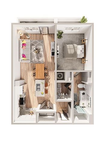 A dollhouse with a kitchen, living room, and bathroom.
