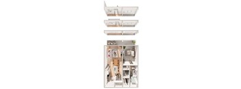A white dollhouse with a living room, kitchen, and dining room.