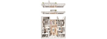 A floor plan of a two-bedroom apartment with a living room, kitchen, and bathroom.
