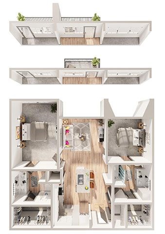 A floor plan of a two-bedroom apartment with a living room, kitchen, and bathroom.