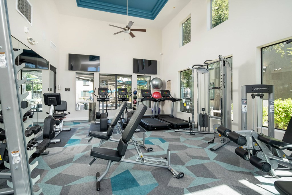 A gym with a variety of equipment including weights and cardio machines.