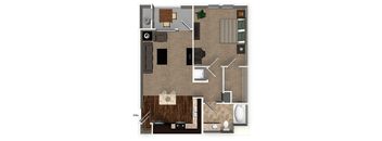 A floor plan of a house with a kitchen, living room, and bathroom.