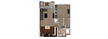 A floor plan of a house with a kitchen, living room, and bathroom.