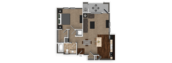 A floor plan of a house with a kitchen, living room, and bathroom.