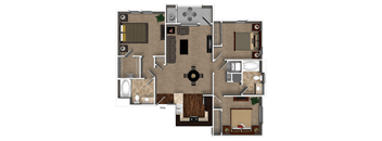 A floor plan of a house with a central open space and rooms surrounding it.