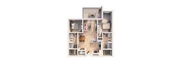 A dollhouse floor plan with rooms including a kitchen, living room, and bathroom.