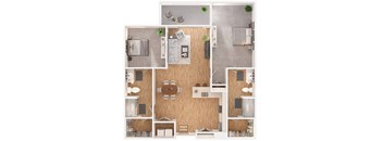 A floor plan of a house with a kitchen, living room, and bathroom.