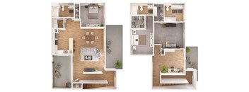 A floor plan of a two-story residential building with a kitchen, living room, bedrooms, and bathrooms.