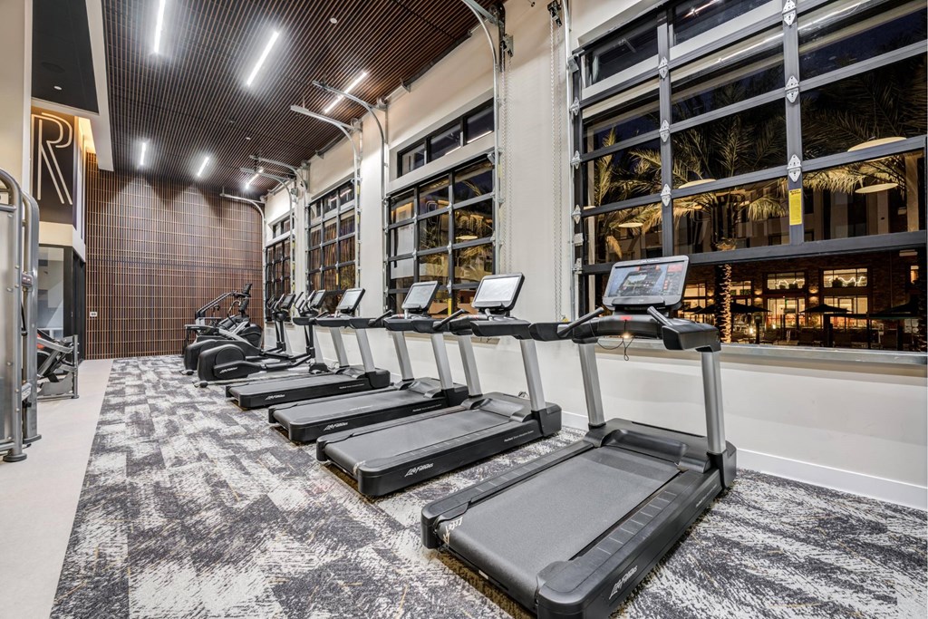 A gym with treadmills lined up in front of a wall.