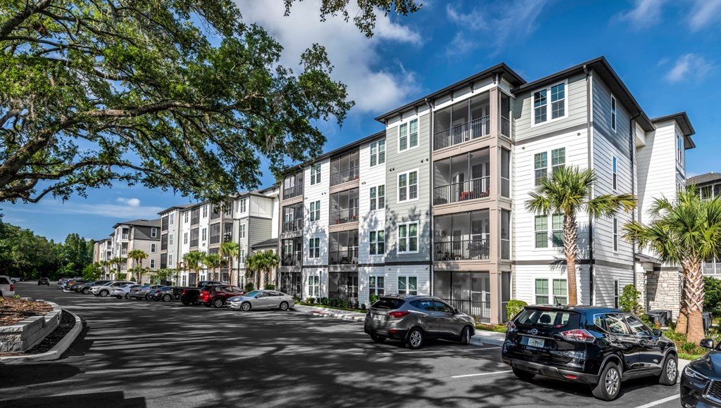 A sunny day at a residential area with cars parked and trees in the foreground.