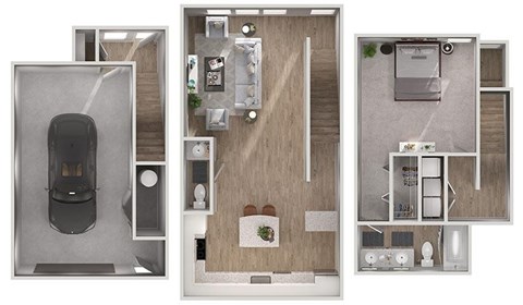 A 3D floor plan of a small apartment with a kitchen, living room, and bathroom.