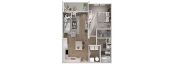 A floor plan of a small apartment with a kitchen, living room, and bathroom.