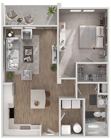 A floor plan of a small apartment with a kitchen, living room, and bathroom.