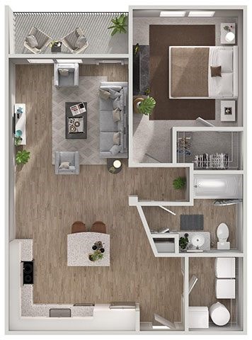 A floor plan of a house with a kitchen, living room, and bathroom.