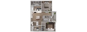 A floor plan of a small apartment with a bedroom, living room, and kitchen.