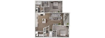 A top-down view of a modern apartment layout with a kitchen, living room, and bedroom.