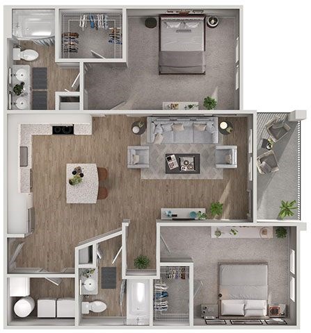 A top-down view of a modern apartment layout with a kitchen, living room, and bedroom.