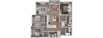 A 3D floor plan of a house with a kitchen, living room, dining room, and bathroom.