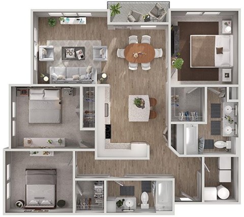 A 3D floor plan of a house with a kitchen, living room, dining room, and bathroom.