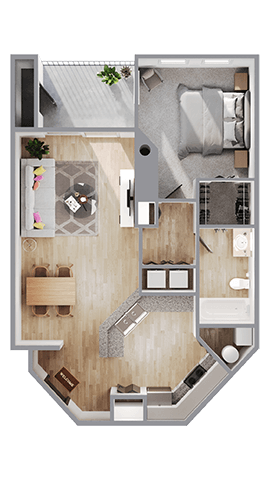 A top-down view of a small apartment layout with a kitchen, living room, and bedroom.